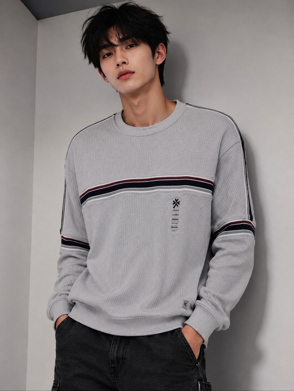 Light Gray Ribbed Crewneck Sweater with Stripe Accent